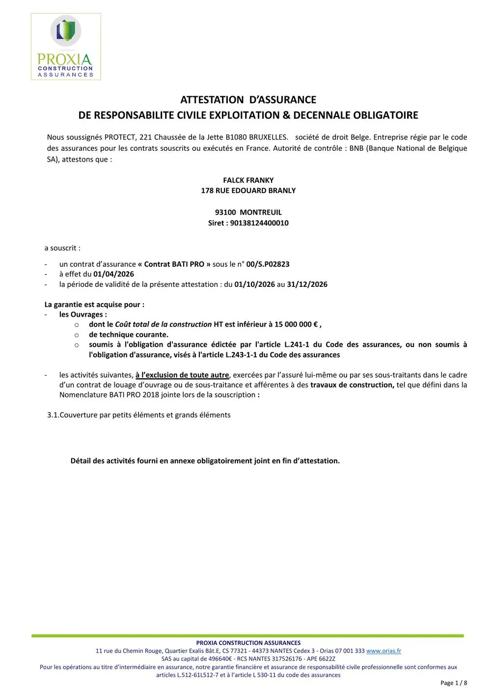 Attestation d'assurance responsabilité civile et décennale F.Couverture — page 1/8